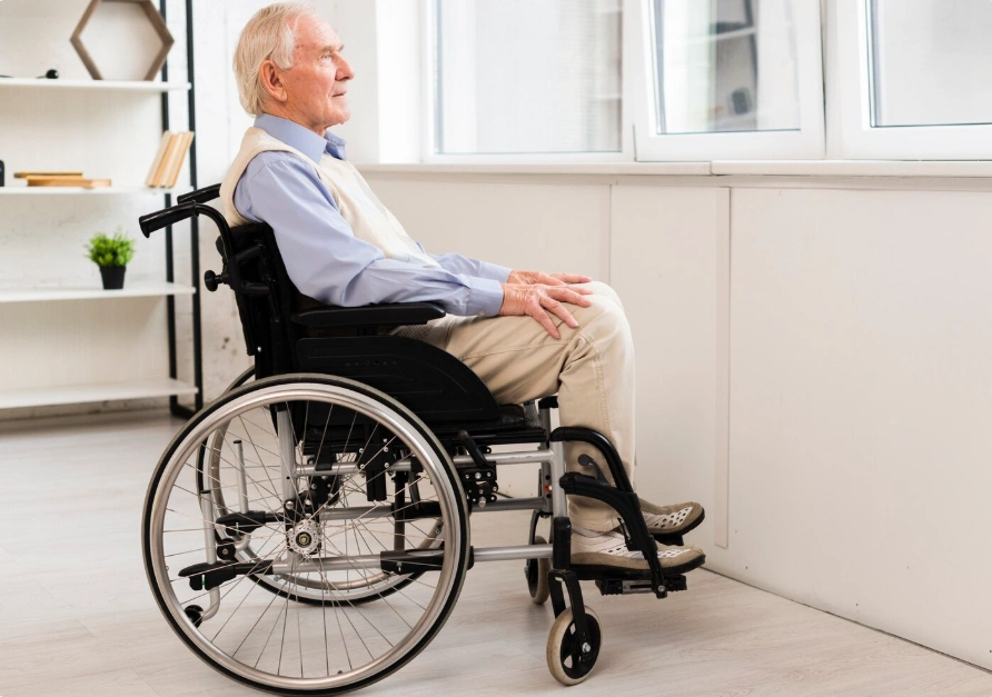Elderly Man in a Manual Wheelchair Enjoying Indoor Scenery
