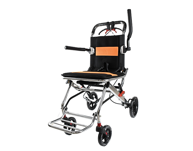 A manual wheelchair with the orange honeycomb seat cushion