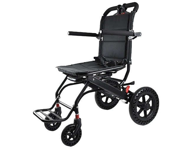 This 12-inch dual shock absorption wheelchair features a four-wheel honeycomb system (front and rear) with dual spring shock absorption in the front arms