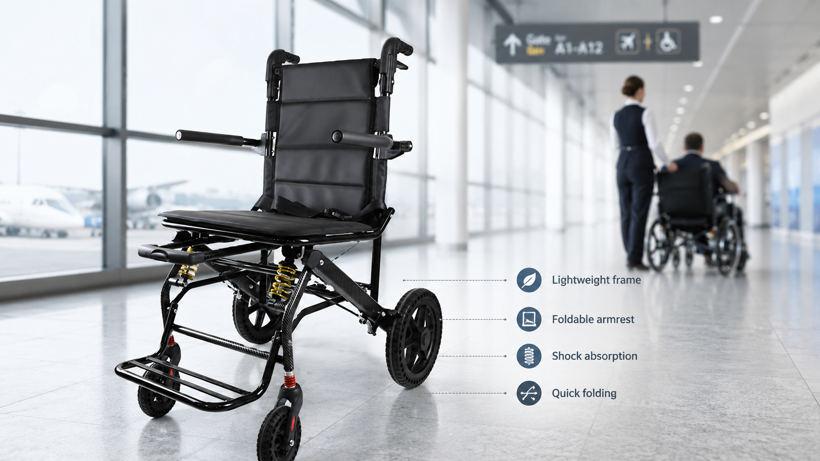 Shock absorbing airport transfer wheelchair with foldable armrests and lightweight frame in a modern terminal