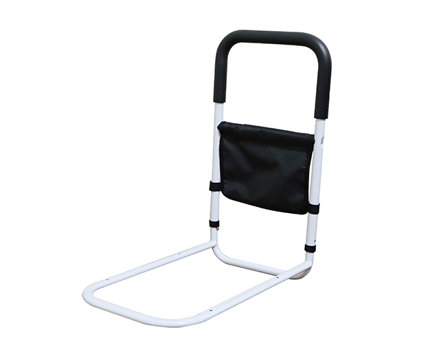removable bedside handrail with foam grip and storage bag for bedside support.