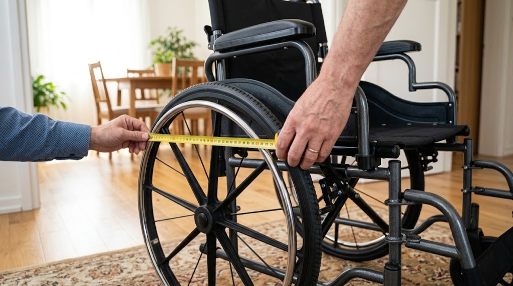 lose-up of measuring the outer overall width across the rear wheels and handrims of an unfolded manual wheelchair